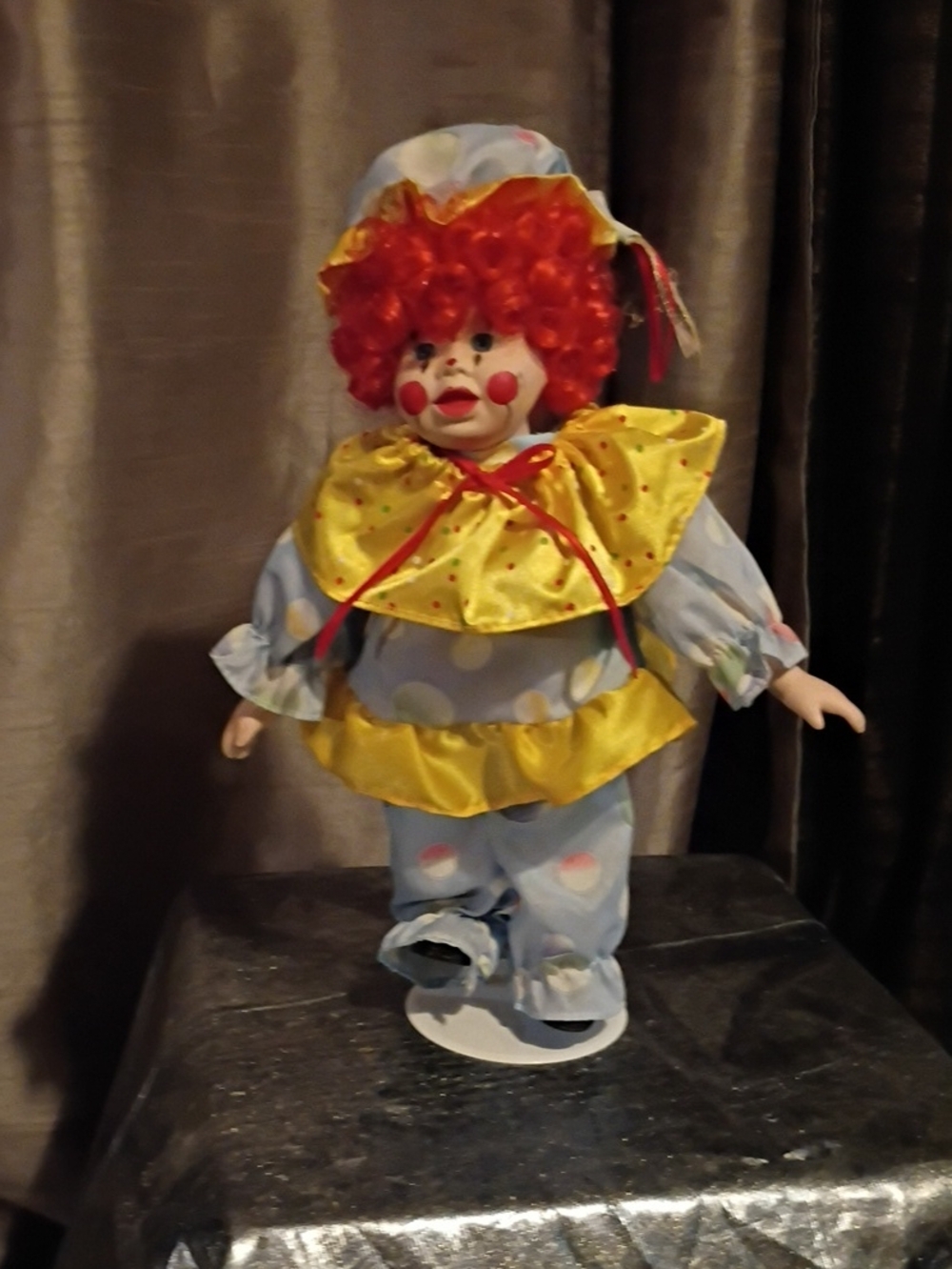Vintage Porcelain Clown Doll in Blue and Yellow Outfit